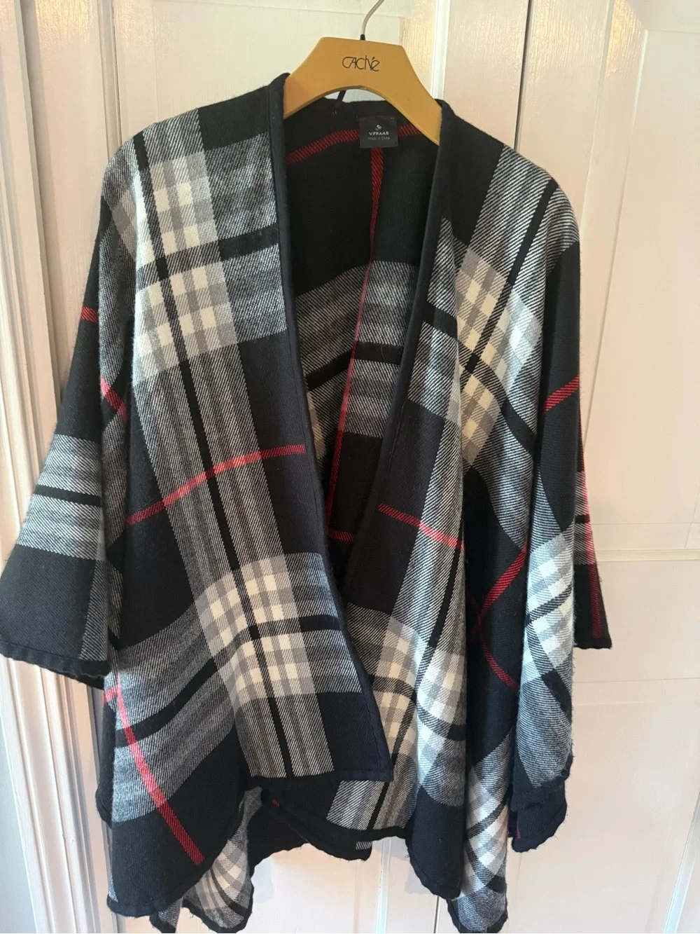 V. FRAAS Black, Gray & Red Plaid Open-Front Poncho